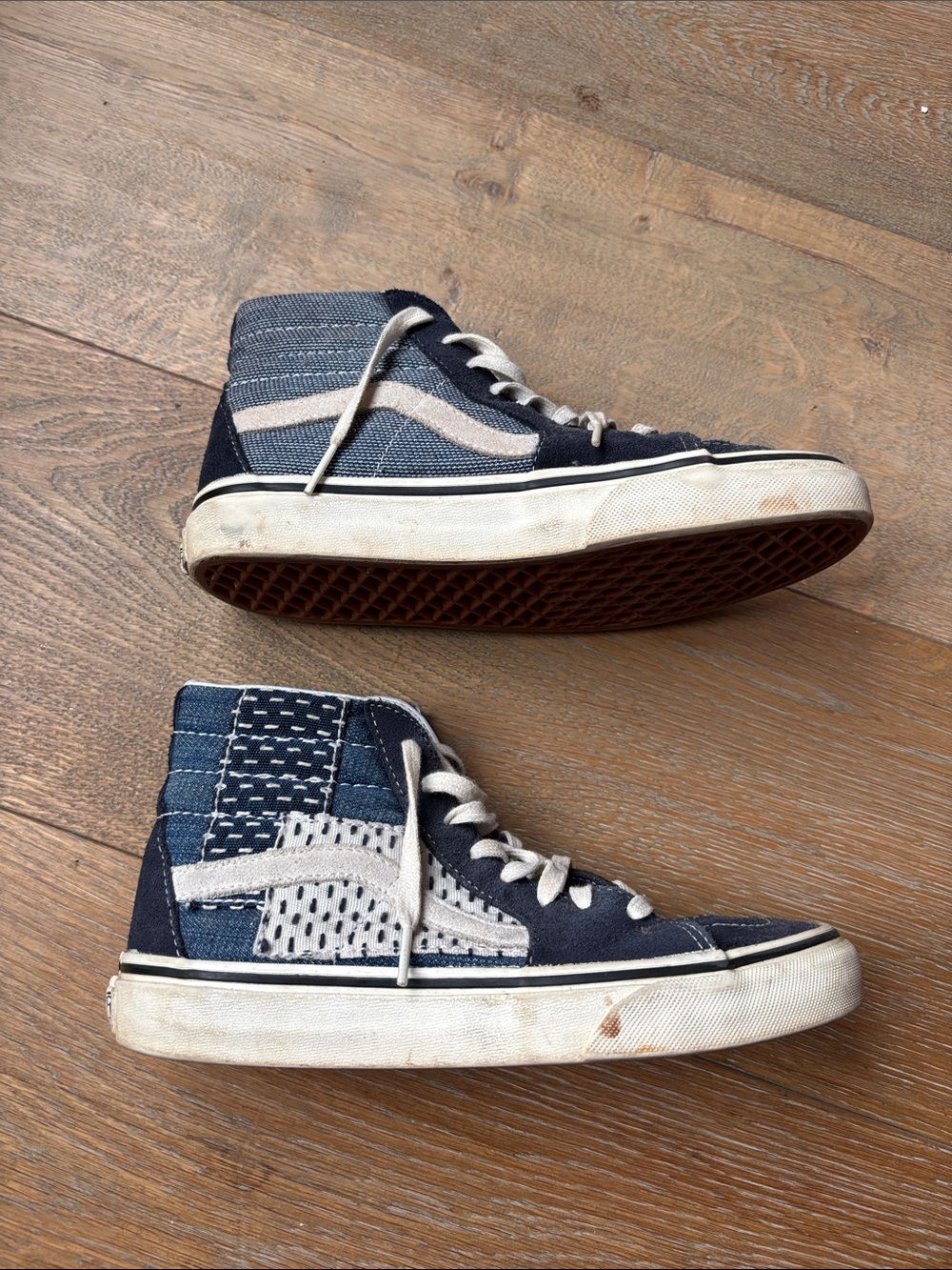 Vans High-Top Patchwork Sneakers in Navy and White